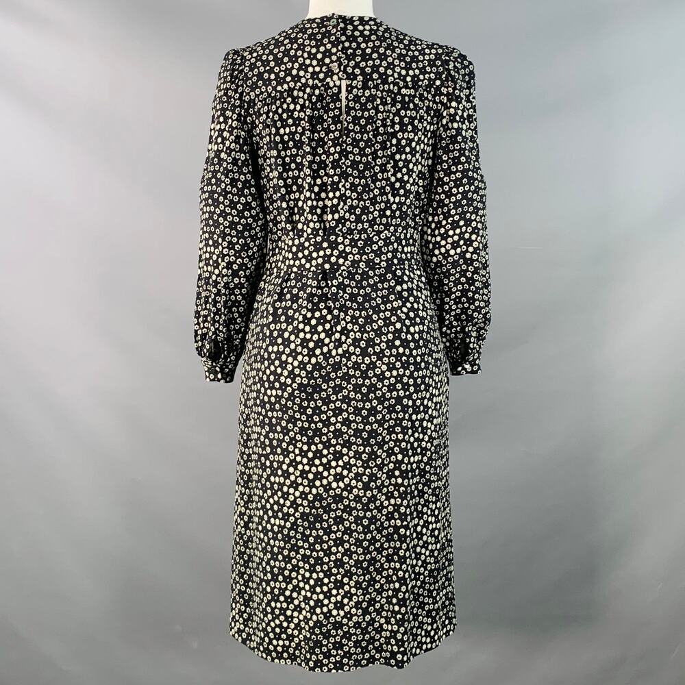 A.P.C. Size 2 Black White Viscose Floral Long Sleeve Belted Knee Length Dress View 3